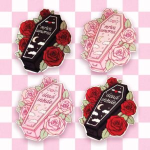 naljepnice u obliku lijesa s tekstovima mrtva umorrna i dead inside u crnoj i rozoj boji